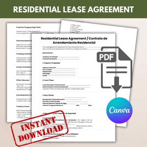 May include: A residential lease agreement document with the title "Residential Lease Agreement / Contrato de Arrendamiento Residencial". The document includes sections for property, rent, and security deposit. A red "Instant Download" stamp is visible.