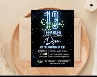 EDITABLE Neon Birthday Invitation, Blue Birthday Invitation, 13Th Boy Birthday Invitation, 13Th Invitation, Official Teenager Invitation