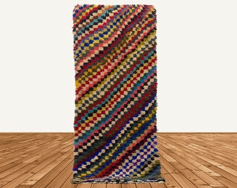 ヴィンテージ モロッコ製 カラフル チェックラグ 203×102cm 3 x 7 フィートのボヘミアン風チェック柄モロッコ ランナー ラグ