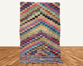 ヴィンテージ モロッコ ウール ラグ、カラフルなチェック柄ブーシュル