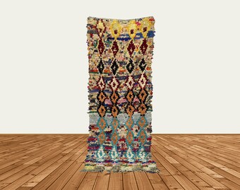 3x8 Narrow Moroccan worn runner, Boucherouite Berber runner rug.