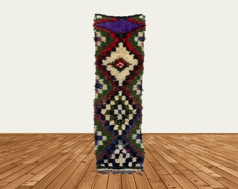 Vintage Moroccan Berber Runner Rug: Colorful Checkered Woven Rug (2x7)