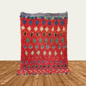 5x9 Moroccan Boucherouite red rug, Tribal vintage area rug.
