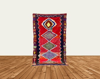 4x8 Moroccan diamond red rug, vintage Berber area rug.
