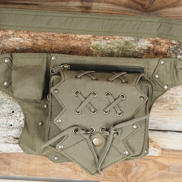 Green Cotton handmade Hip Bag ,Canvas Vegan Festival Utility Functional Pocket Belt, Free Style For Men & Women