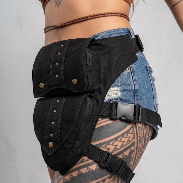 Handcrafted Black Cotton Drop Leg Bag – Urban Gothic Utility Pouch for Travel