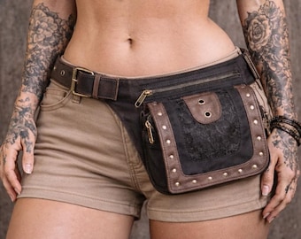 Handcrafted Cotton Waist Bag with Leather Detail, Festival Belt Pouch, Unisex Streetwear Utility Bag