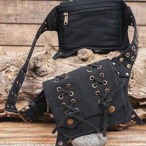 Black  cotton Utility Belt Bag with Double Pockets | Steampunk Festival Waist | Hip Bag with Eyelets & Lacing | Adjustable Unisex Belt Pouch