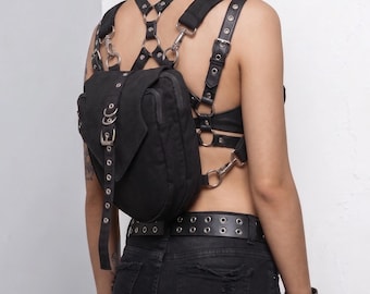 Black Cotton Crossbody Harness Bag with Adjustable Straps and Multi Pocket Utility Design