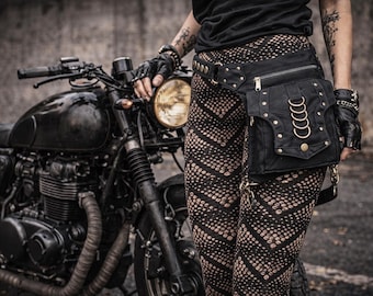 Handmade Black Gothic Waist Belt Bag with Leg Strap, Adjustable Festival Hip Bag, Unisex Utility Thigh Holster Pouch