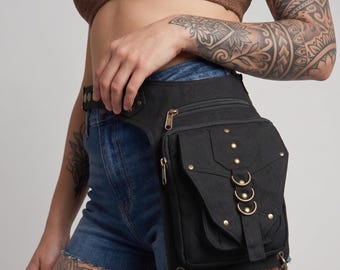 Handcrafted Black Cotton Waist Thigh Bag Ring Stud Pocket Zipper Festival Utility Travel