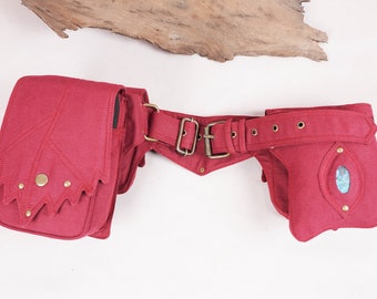 Handmade Red Cotton Waist Bag with gemstone, Belt pouch, Hip bag with adjustable belt for Women and Girls