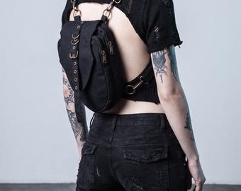 Black Cotton Convertible Waist Bag, Unisex Utility Hip Pouch, Festival Fanny Pack
