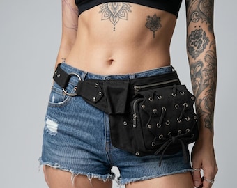 Black Canvas Corset Hip Bag: Gothic Lace-Up Utility Belt with Silver Hardware