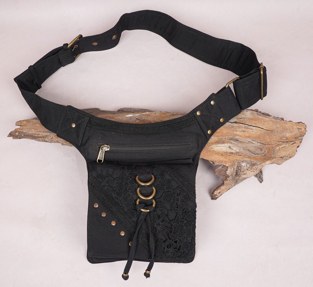 Black Cotton Waist Belt Utility Festival Hip Belt Bag Fanny Pack Belt ...