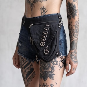 Black Cotton Utility Belt Bag – Studded Hip Pouch with Chain Detail