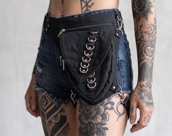 Black Cotton Rider Thigh Pack Layered Flap Ring Detail Zipped Pocket Adjustable Festival Belt