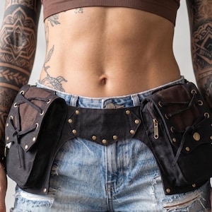 Cotton Multi Pocket Utility Belt Lace Up Antique Brass Studs Adjustable Festival Adventure Bag