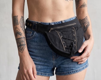 Handmade Black Canvas Lace Up Waist Bag, Gothic Festival Hip Pouch Travel Fanny Pack