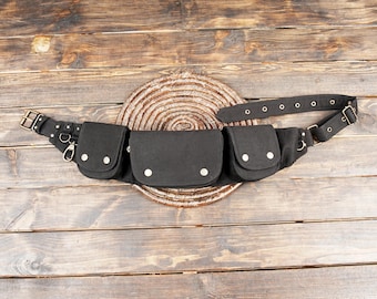Cotton waist belt, hip bum bag, Made With Love, Boho Style, Festival waist bag, The Wavy bum bag, Black cotton,