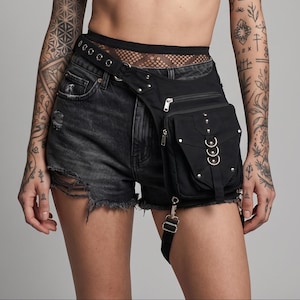 Black Cotton Leg Pack Studded Ring Detail Zipped Storage Adjustable Hip Strap Travel Accessory