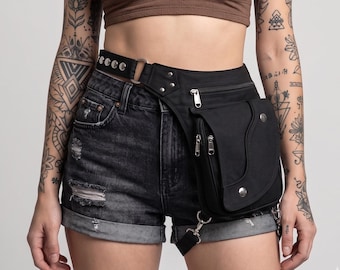 Gothic Studded Leg Bag Black Cotton Thigh Pouch Festival Utility Bag Travel Unisex