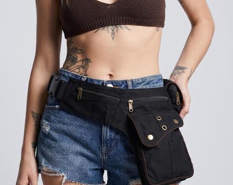 Cotton Utility Waist Belt Four Pocket Zipper Pouch Adjustable Festival Hip Pack Unisex