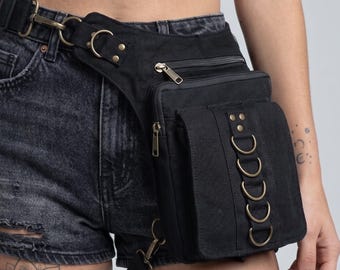 Urban Black Cotton Drop Leg Bag D-Ring Front Detail Secure Pocket Adjustable Festival Unisex