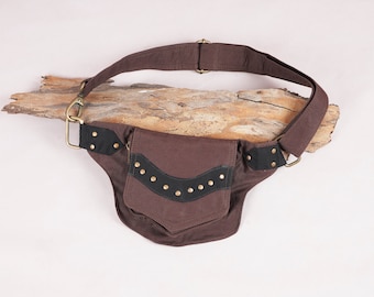 Brown Cotton Waist Bag || For Women N Men For Travelling || Handmade || Multi Pockets And One Belt Pouch Free