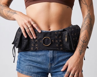 Black Cotton Pocket Belt Gothic Rivet Lace Up Pouches Steampunk Festival Hands Free Carry