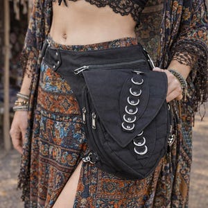 Black Cotton Utility Belt Bag – Studded Hip Pouch with Chain Detail