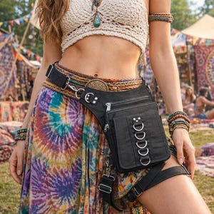 Black Canvas Leg Bag – Festival Hip Pouch, Motorcycle Thigh Bag, Utility Crossbody