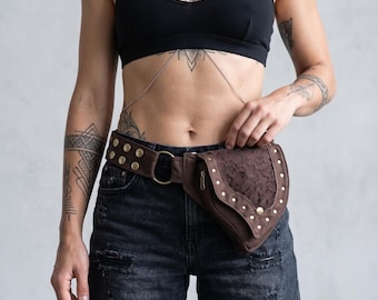Black Cotton Hip Pouch Lace Steampunk Utility Belt – Gothic Hip Bag with Brass Studs