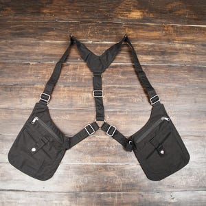 Black Cotton Shoulder Holster Belt with Dual Pouch Design, Travel & Festival Chest Rig, Utility Cotton Holster Bag, Adjustable Shoulder