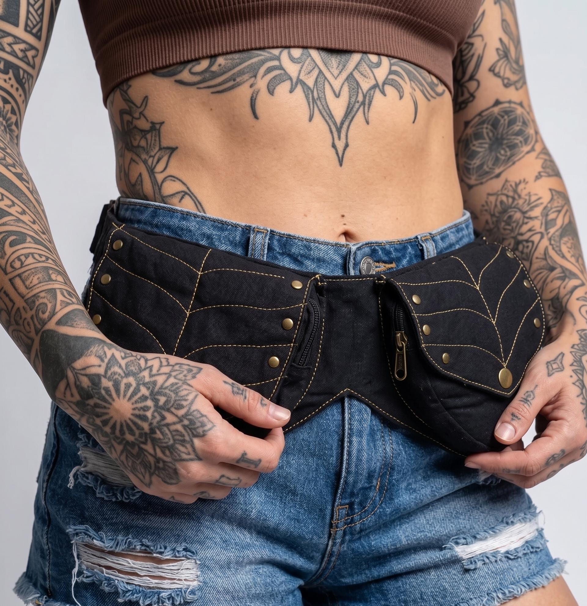 Black Cotton Lightweight Dual Pocket Leaf Shape Studded Flap Hip Belt Festival Daily Carry Bag