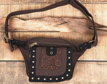 Brown Cotton Waist Bag || For Women N Men For Travelling || Handmade || Multi Pockets And One Belt Pouch Free