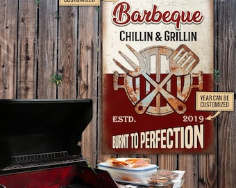 Backyard BBQ Sign, Personalized BBQ Grilling Burn To Perfection, Grill Master Gift, Kitchen Decor, BBQ Signs Customized Classic Metal Signs