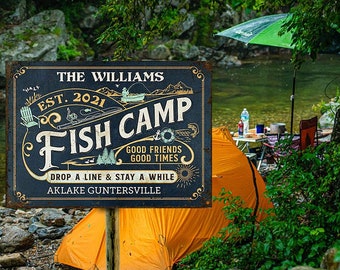 Personalized Fish Camp Drop A Line Customized Classic Metal Signs