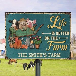 Farmhouse Green Life Is Better On The Farm Custom Classic Metal Signs, Donkey, Pig,Sheep, Chicken, Cattle, Farm Animals Signs