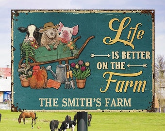 Farmhouse Green Life Is Better On The Farm Custom Classic Metal Signs, Donkey, Pig,Sheep, Chicken, Cattle, Farm Animals Signs