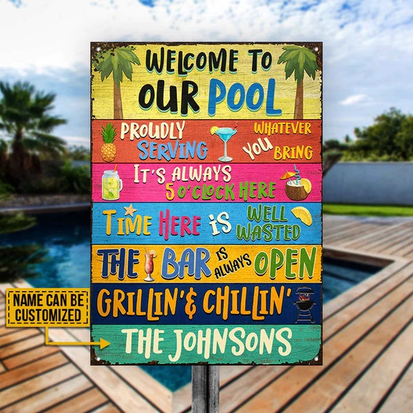 Swimming Pool Bar Grilling Welcome To Custom Classic Metal Signs, Patio, Backyard Sign, Patio Sign, Patio Decor, Backyard Decor, Deck sign