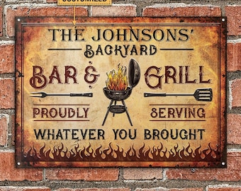 Backyard BBQ Sign, Personalized BBQ Bar & Grill Vintage Vintage, Grill Master Gift, Kitchen Decor, BBQ Signs Customized Classic Metal Signs