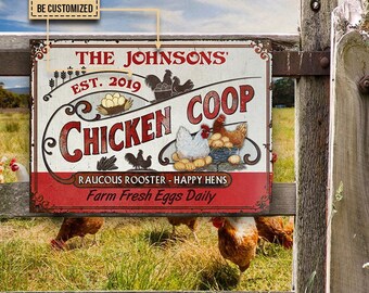 Personalized Chicken Coop Fresh Eggs Daily Red White Custom Classic Metal Chicken Coop Sign - Custom Chicken Coop Gift