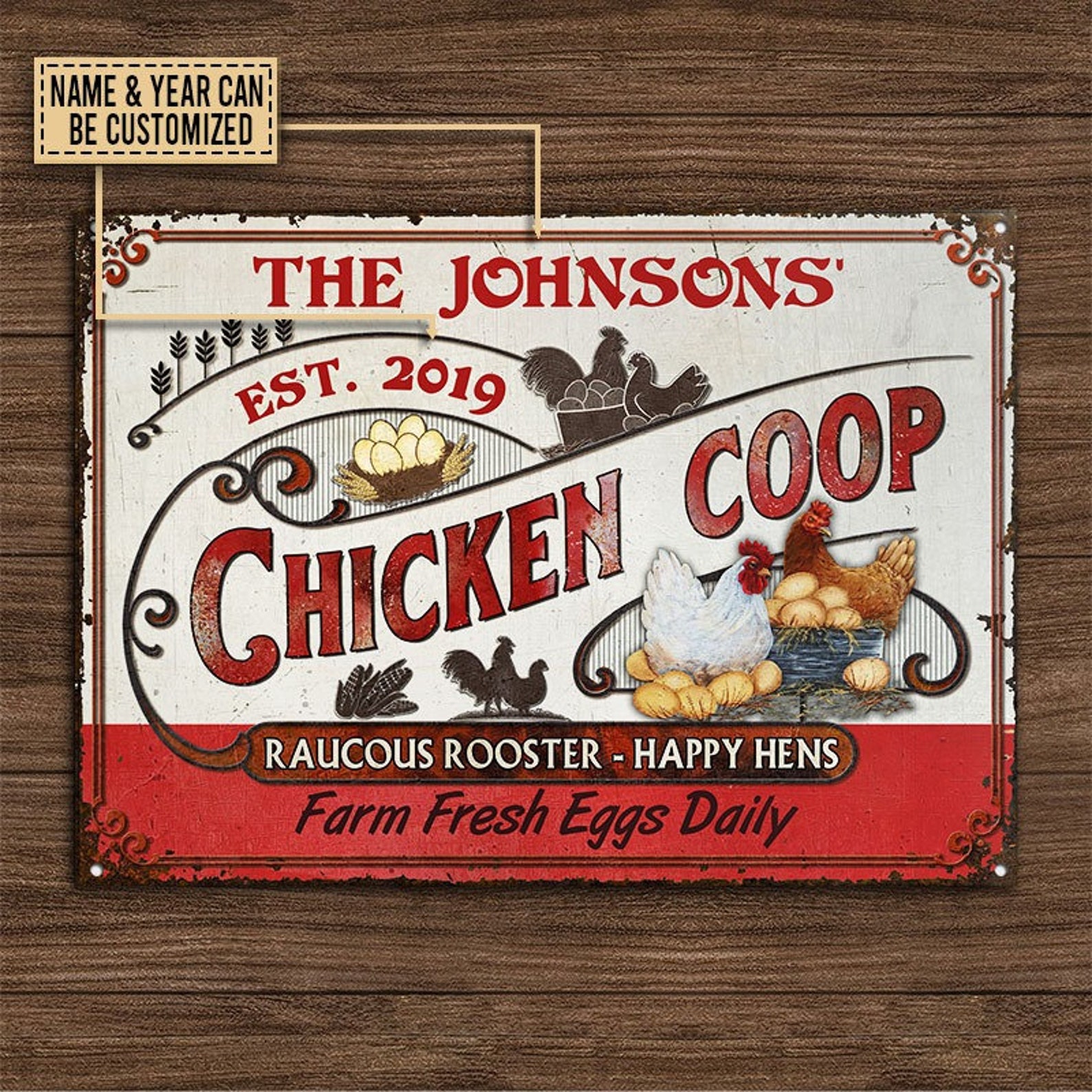 Personalized Chicken Coop Fresh Eggs Daily Red White Custom Etsy