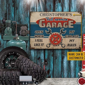 Personalized Auto Mechanic Garage Open When Customized Classic Metal Signs, Garage decor, Metal sign for garage, Gift for dad