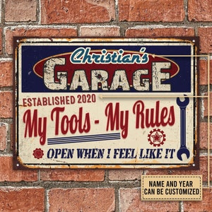Personalisierte Automechaniker Garage offen, wenn angepasst Klassische Metallschilder, Garagendekor, Metallschild für Garage, Geschenk für Papa