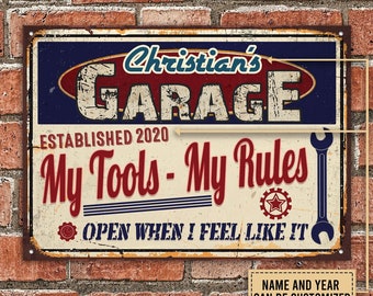 Personalized Auto Mechanic Garage Open When Customized Classic Metal Signs, Garage decor, Metal sign for garage, Gift for dad