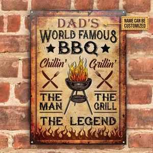 Backyard BBQ Sign, Personalized BBQ World Famous Vintage, Grill Master Gift, Kitchen Decor, BBQ Signs Customized Classic Metal Signs