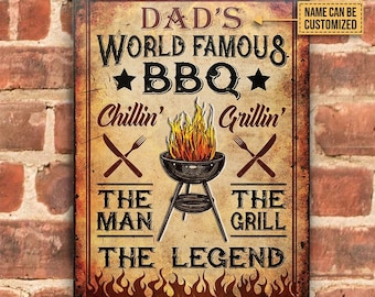 Backyard BBQ Sign, Personalized BBQ World Famous Vintage, Grill Master Gift, Kitchen Decor, BBQ Signs Customized Classic Metal Signs