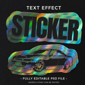 May include: A holographic sticker effect with the word "STICKER" in black text. The sticker effect is layered and has a rainbow iridescent finish. Below the text is a black silhouette of a car with a rainbow iridescent finish.